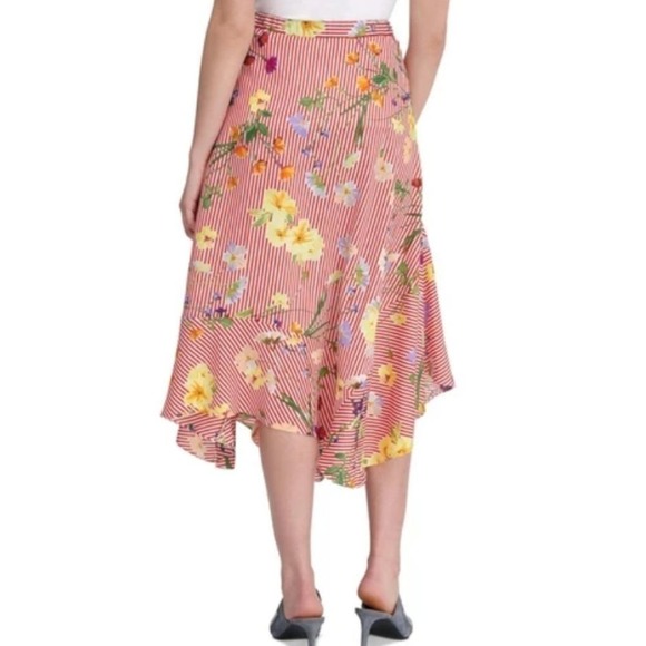 Calvin Klein red striped floral asymmetrical handkerchief hem skirt plus Size 2X - Picture 2 of 7